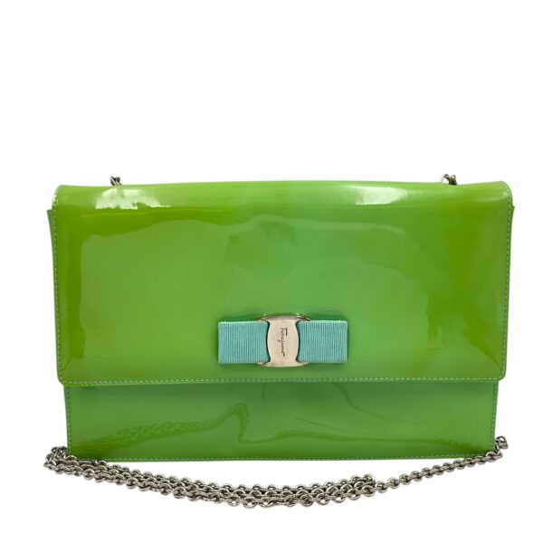 Cara Bow Green Crossbody Bag in Patent Leather, Silver hardware