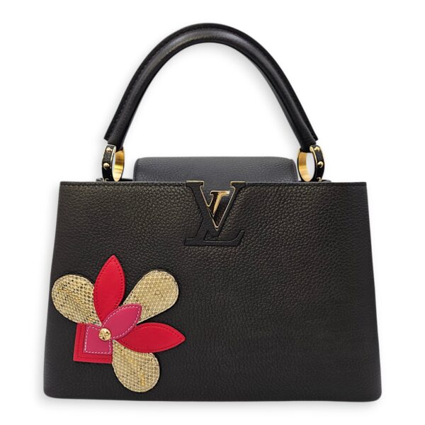 Capucines Iris Blossom PM Black Top Handle Bag in Calfskin, Gold hardware