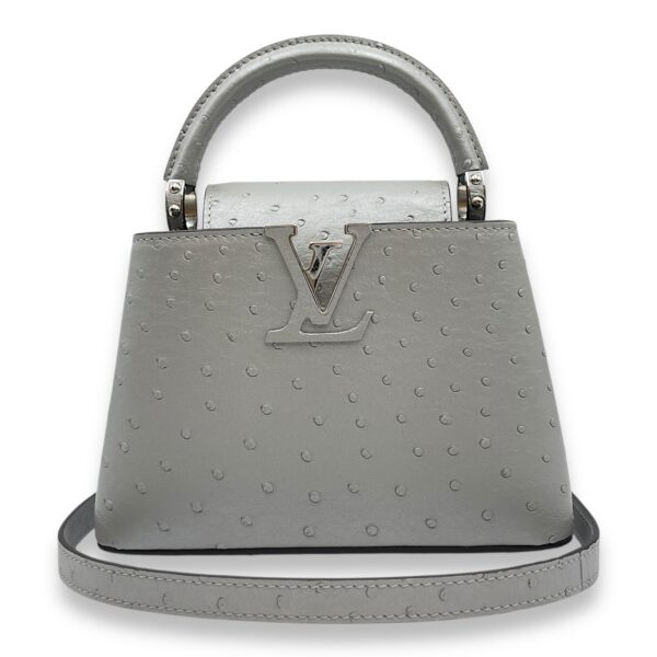 Capucines Mini Grey Top Handle Bag in Ostrich, Silver hardware - Image 13