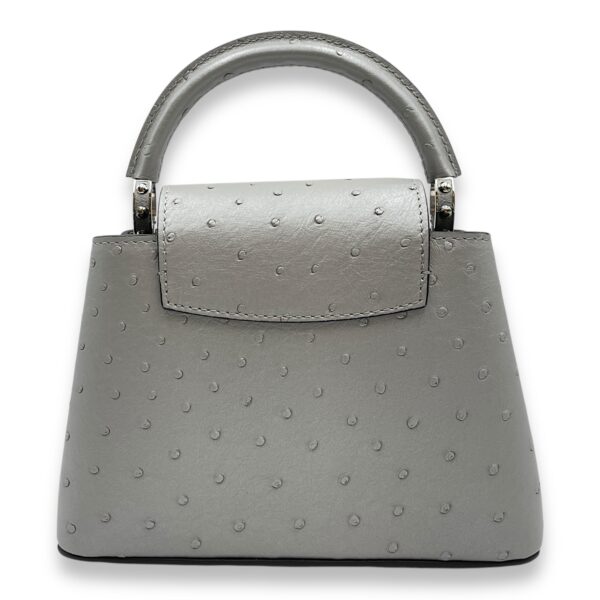 Capucines Mini Grey Top Handle Bag in Ostrich, Silver hardware - Image 3
