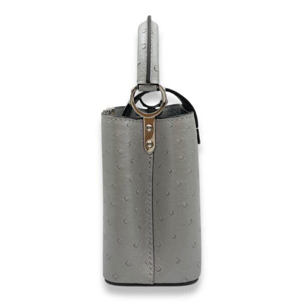 Capucines Mini Grey Top Handle Bag in Ostrich, Silver hardware - Image 5