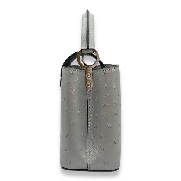 Capucines Mini Grey Top Handle Bag in Ostrich, Silver hardware - Image 4