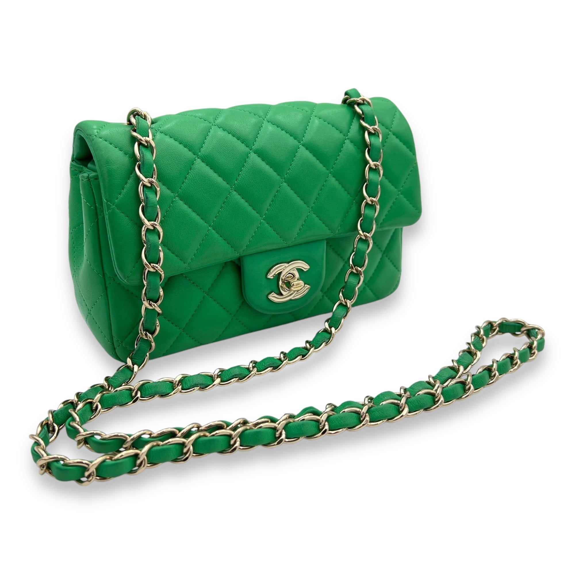 Classic Mini Rectangular Green Crossbody Bag in Lambskin, Gold hardware - Image 12
