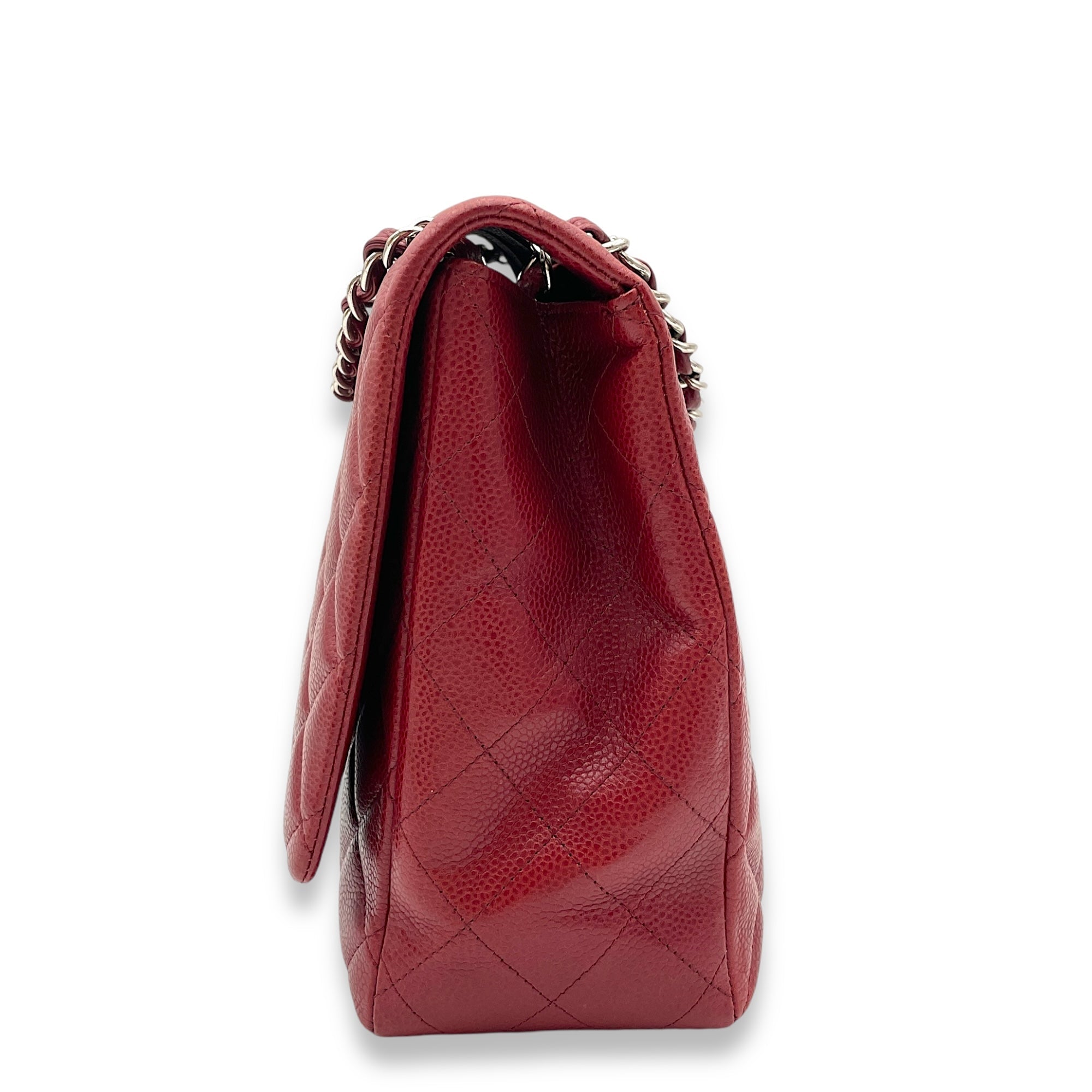 Classic Single Flap Red Shoulder Bag in Caviar Leather, Silver hardware - Image 5