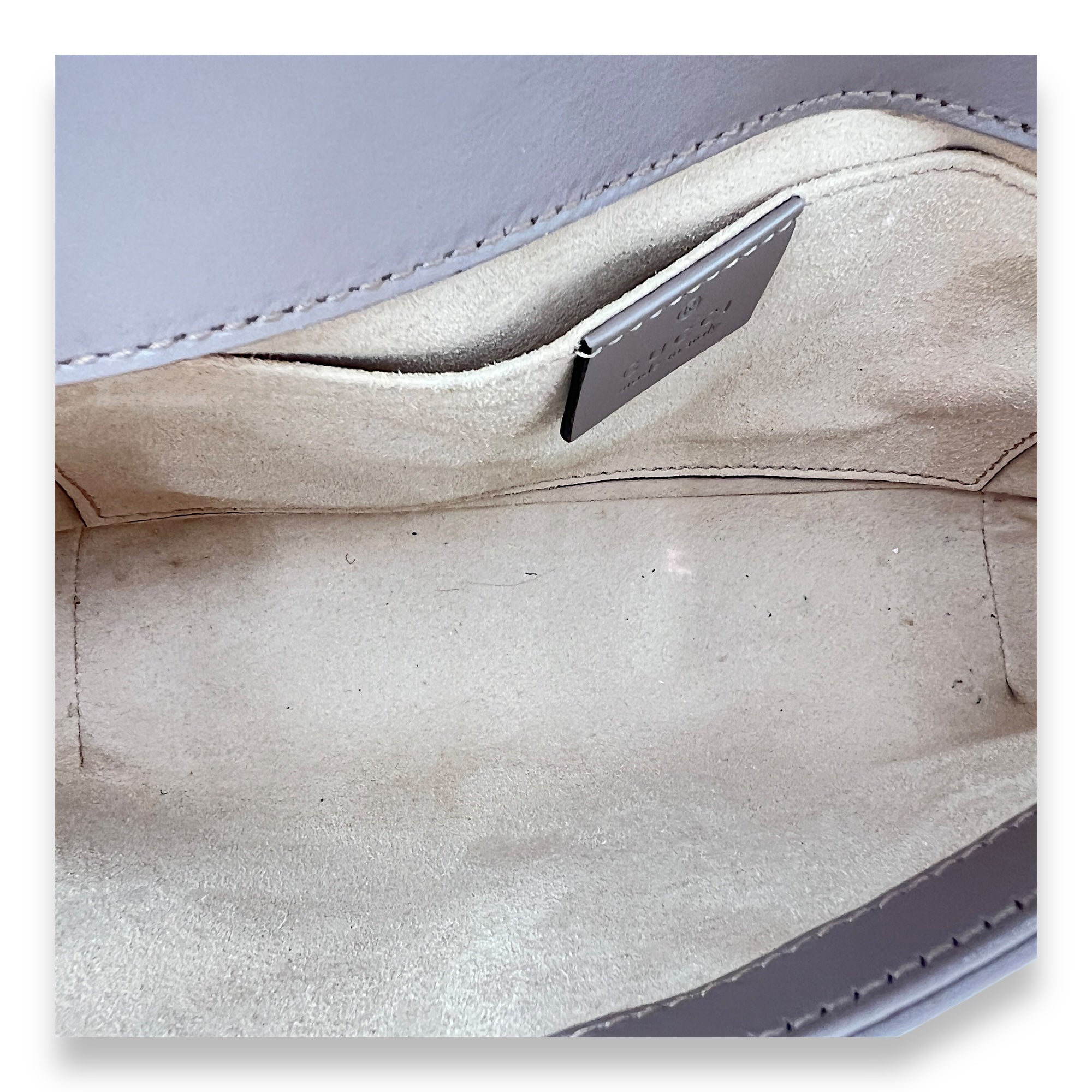 GG Marmont Mini Beige Crossbody Bag in Calfskin, Gold hardware - Image 13