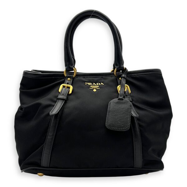 Logo Black Top Handle Bag in Nylon, Gold hardware