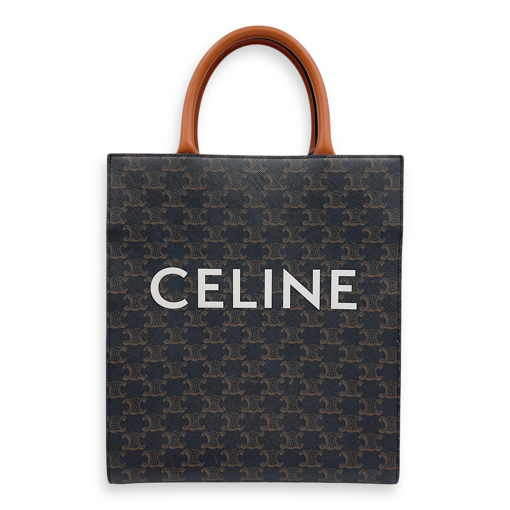Cabas Triomphe Vertical Brown Top Handle Bag in Coated Canvas, Gold hardware