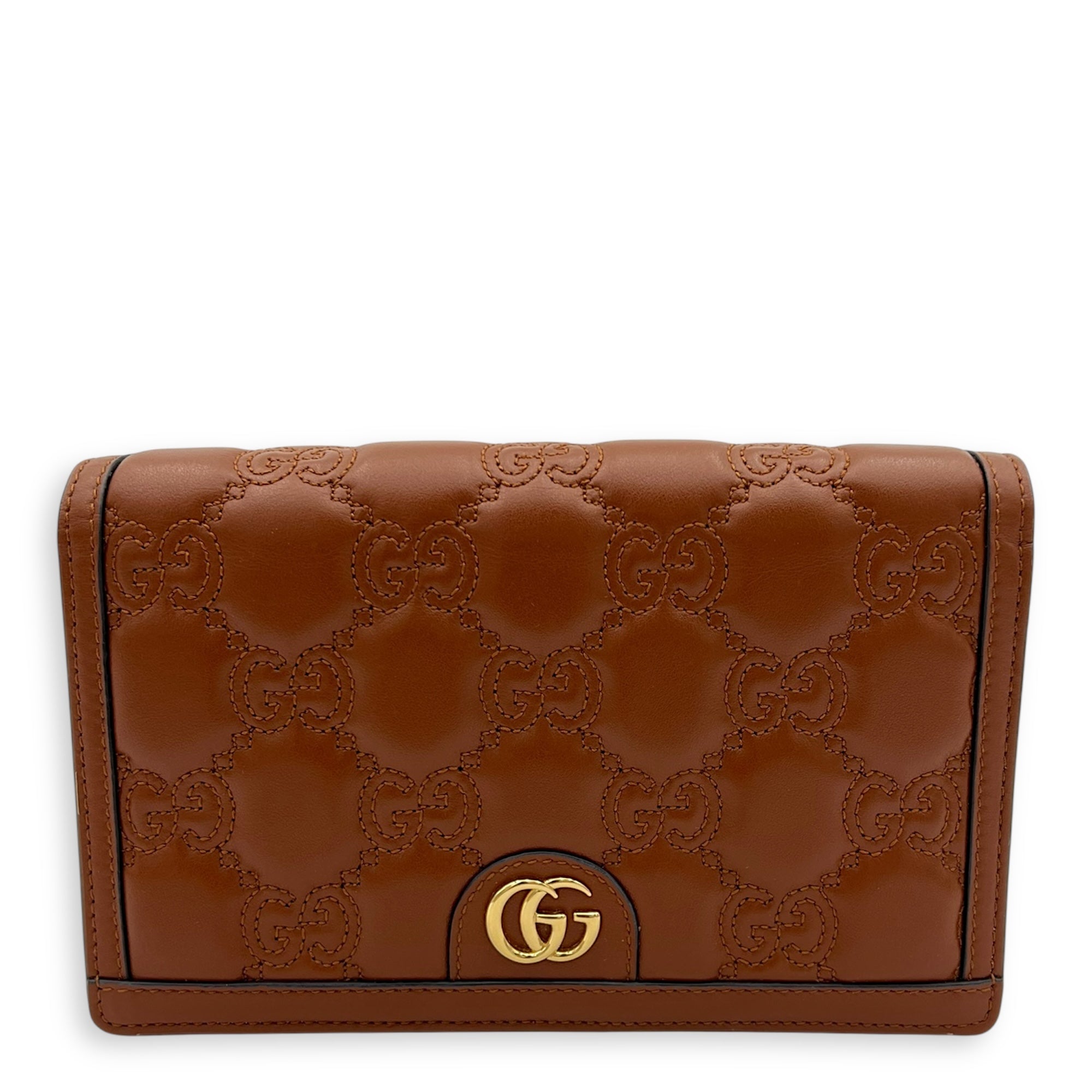 Matelassé Wallet On Chain Brown in Calfskin, Gold hardware