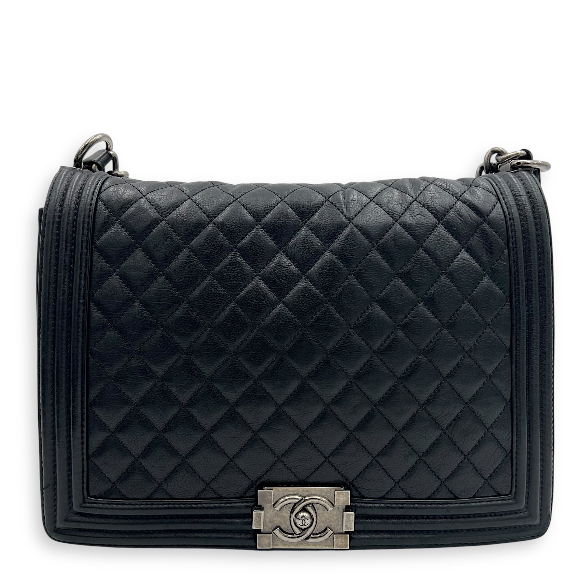 Boy Shoulder Bag Large Black in Calfskin, Ruthenium hardware