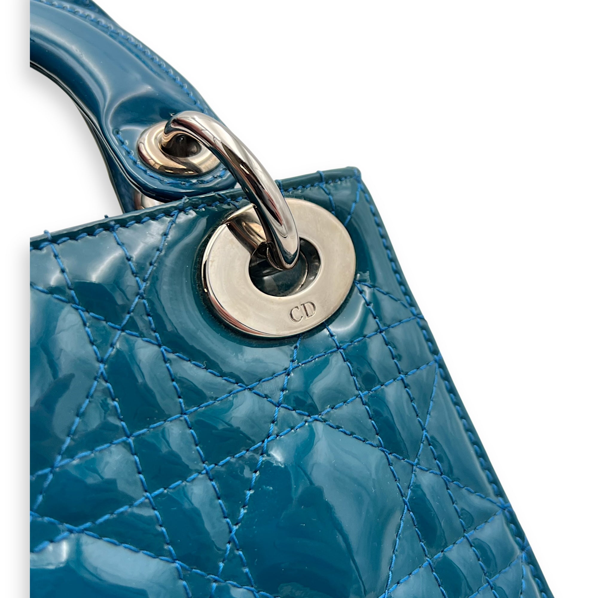 Lady Dior Mini Blue Top Handle Bag in Patent Leather, Silver hardware - Image 9