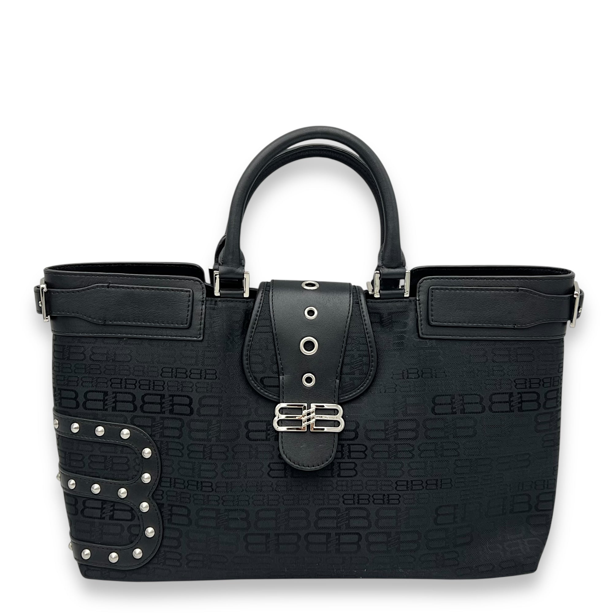 Logo Monogram Black Top Handle Bag in Canvas, Silver hardware