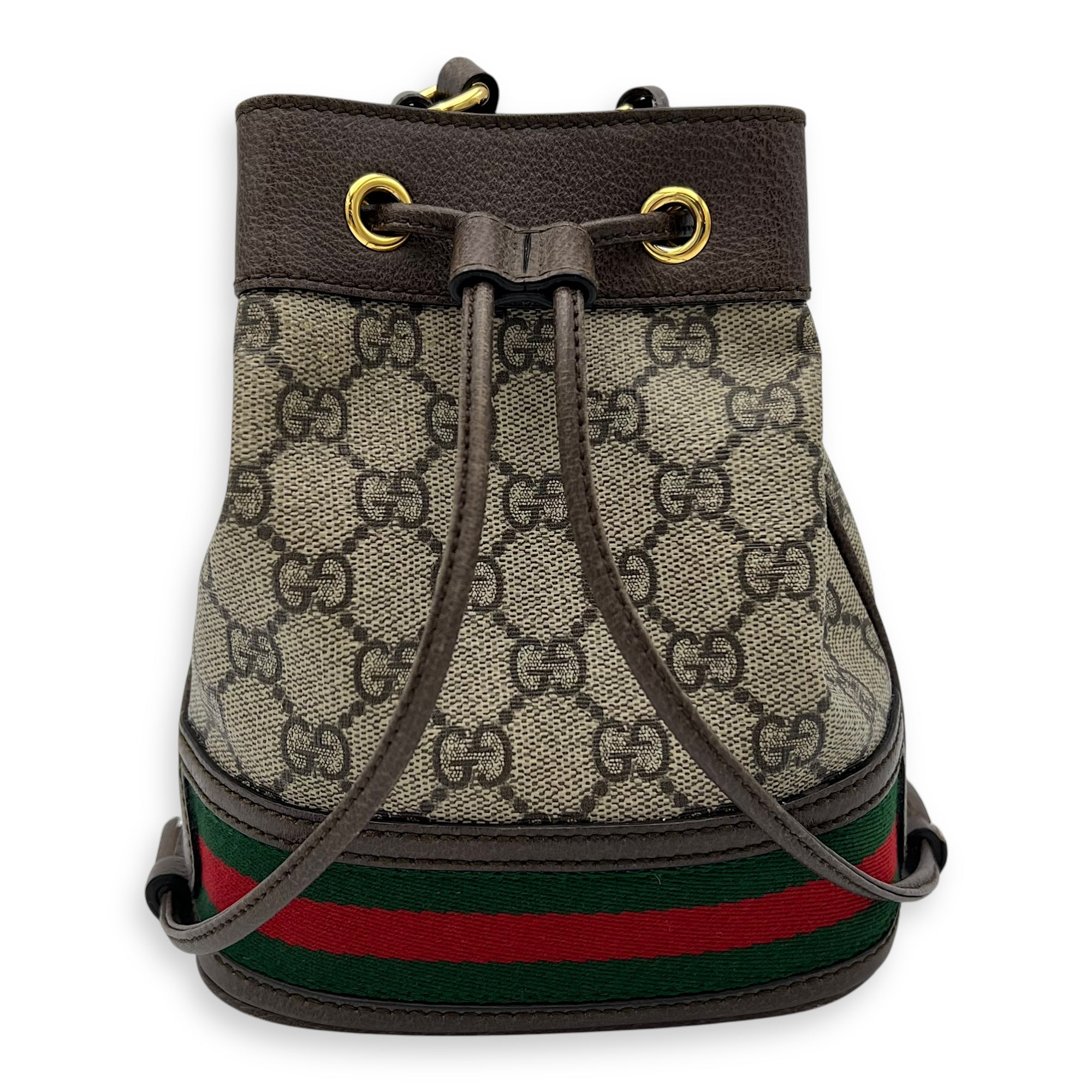 Ophidia Brown Bucket Bag in Monogram Coated Canvas, Gold hardware