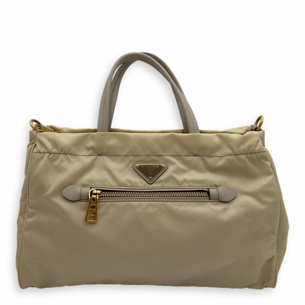 Logo Top Handle Bag Beige in Nylon, Gold hardware