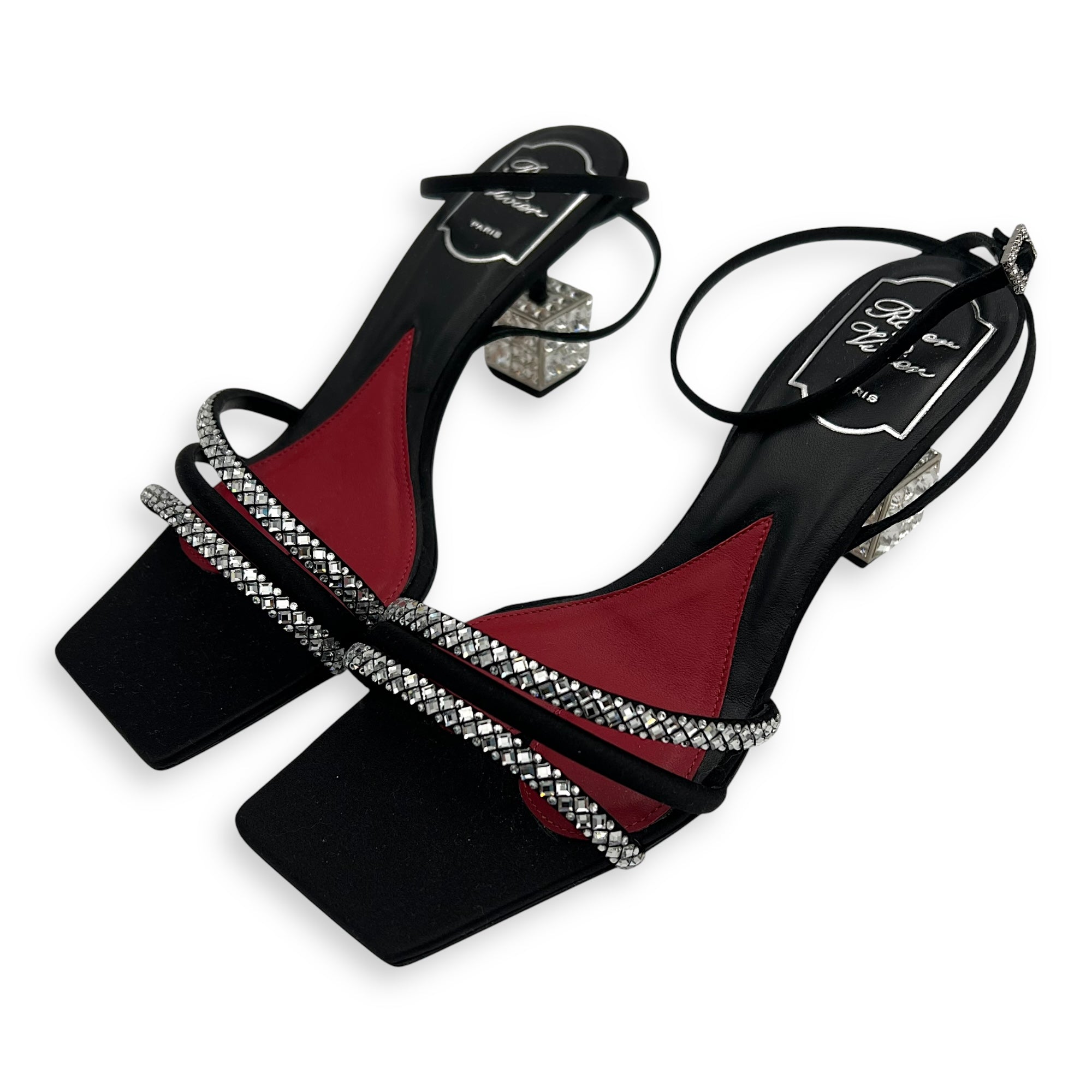 Cube Strass Heel Bling Sandal 75 38 Black Heels in Calfskin, Silver hardware - Image 3